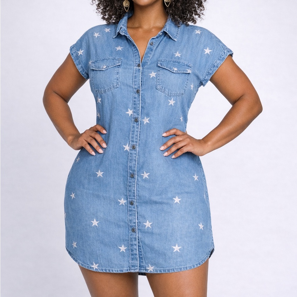 Mini Denim Chambray Shirt Dress Sz M Tie Waist AOP Stars Presidents Day Spring